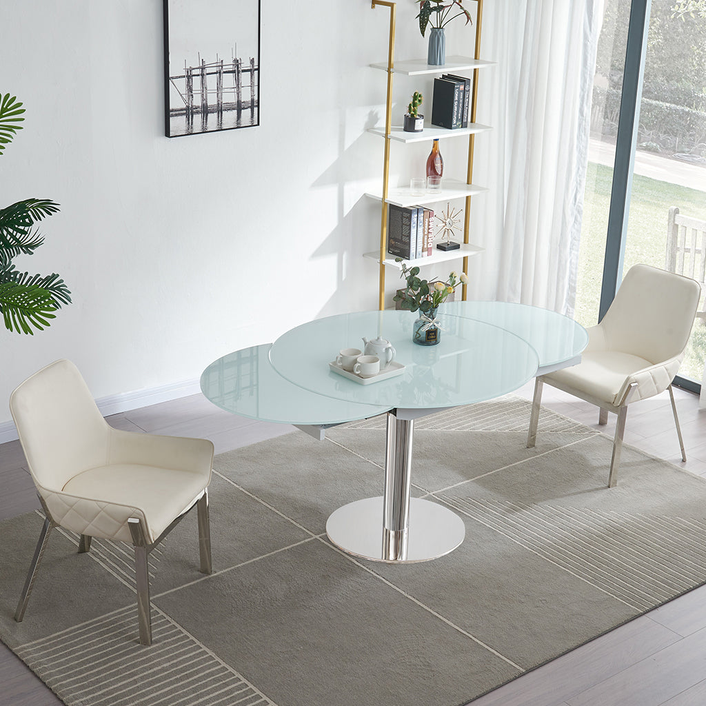 Pub | Round To Oval Extendable Dining Table, Frosted Glass Top, White, 18873