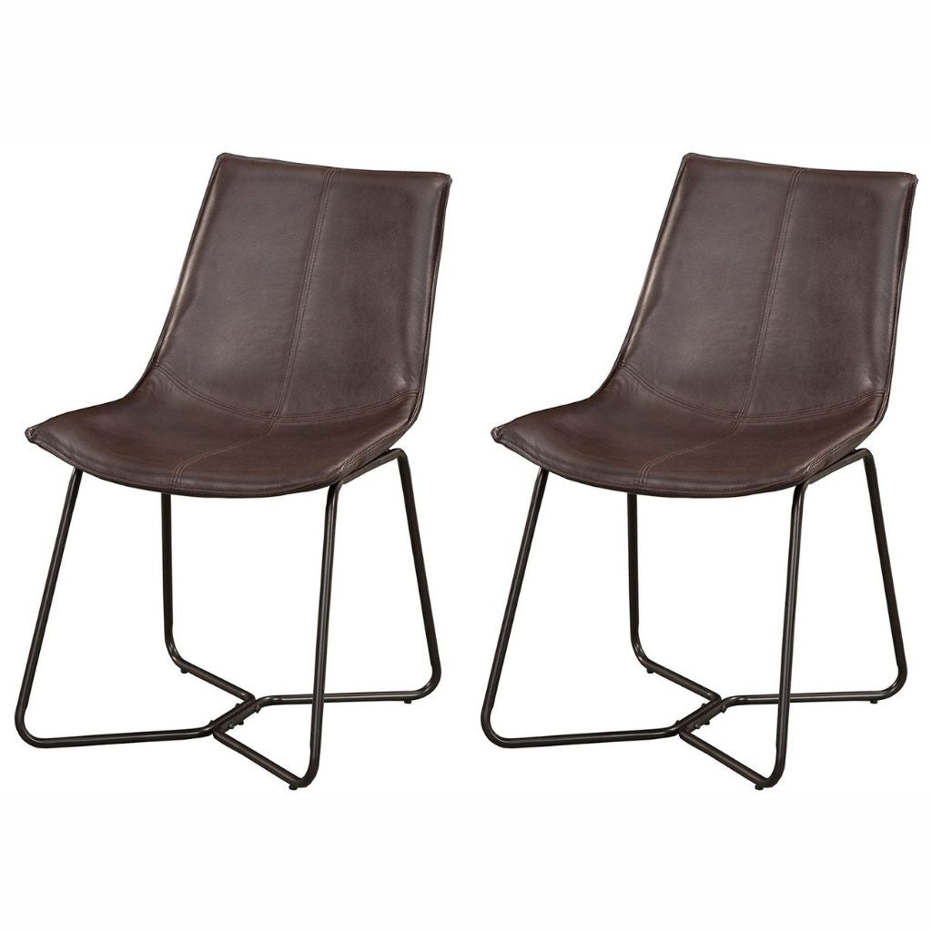 Dining Chair, Set of 2, Dark Brown Color, Upholstered, Bonded Leather with Metal Legs, 1968-03, Brand: Alpine Furniture, Size: 25inW x 19.5inD x 33.5inH, Seat height:  17.5in/ 44.5cm, Material: Bonded Leather with Metal Legs, Color: Dark Brown Color