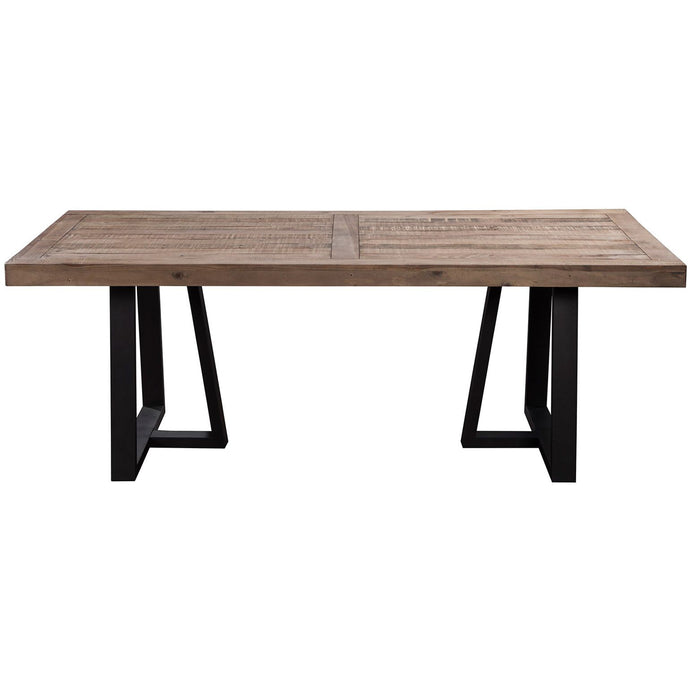Prairie Durable Dining Table, Slat Table Contemporary Look, Rectangular, Solid & Recycled Pine Wood, 1568-01 Brand: Alpine Furniture; Size: 84inW x 42inD x  30inH Weight: 121lb; Shape: Rectangular; Material: Solid & Recycled Pine Seating Capacity: Seats 4-6 people; Color: Reclaimed Natural & Black Base