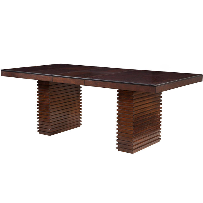 Trulinea Rectangle Dining Table, Dark Espresso Dining Table, Acacia Solid Wood, Birch Veneer, 6084-01; Brand: Alpine Furniture Size: 66inW x  42inD x  30inH; Extended: 84inW x  42inD x 30inH Weight: 151lb; Shape: Rectangular; Material: Acacia Solids & Birch Veneer Seating Capacity: Seats 4-6 people; Color: Dark Espresso