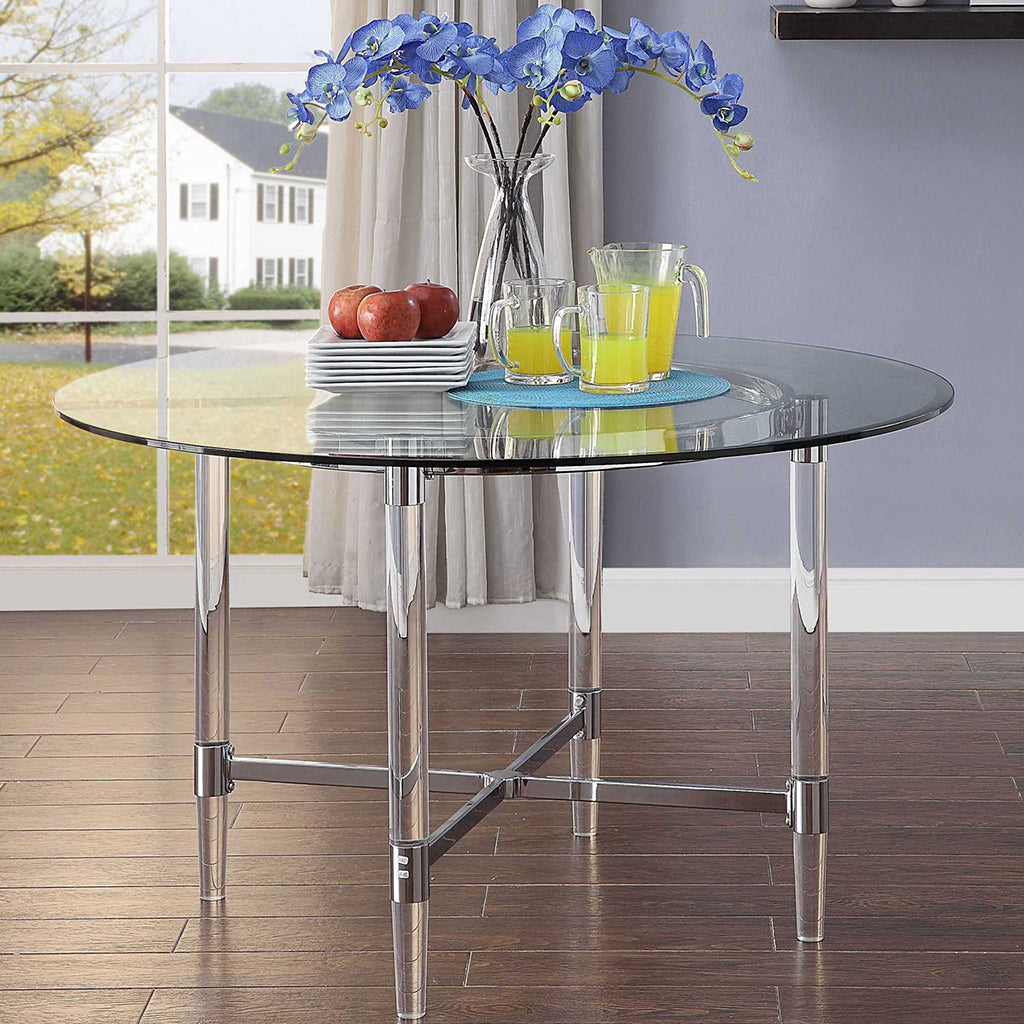 48" Round Glass Dining Table, Transparent Glass & Acrylic, 4 Seater, 347342