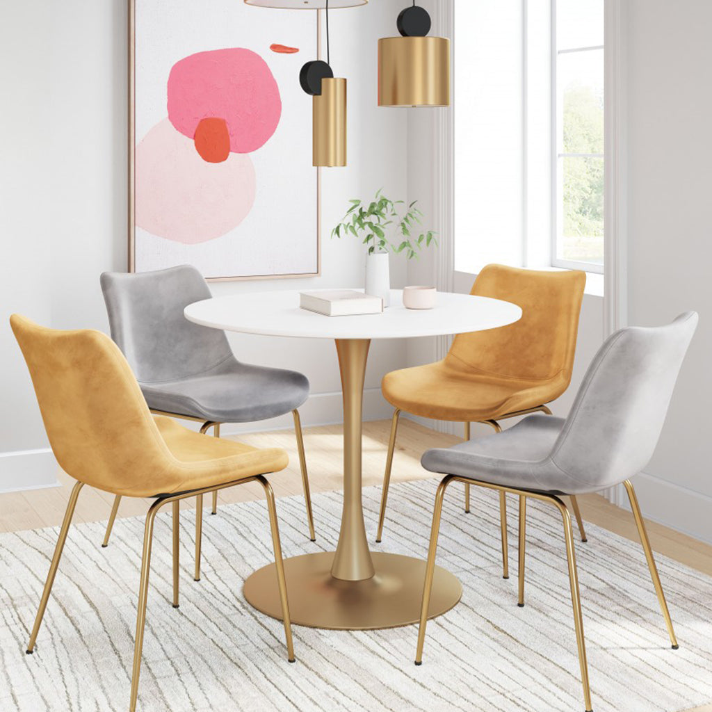 35.4" Round Fluted Dining Table, White and Gold Color, 4 Seater, 386246