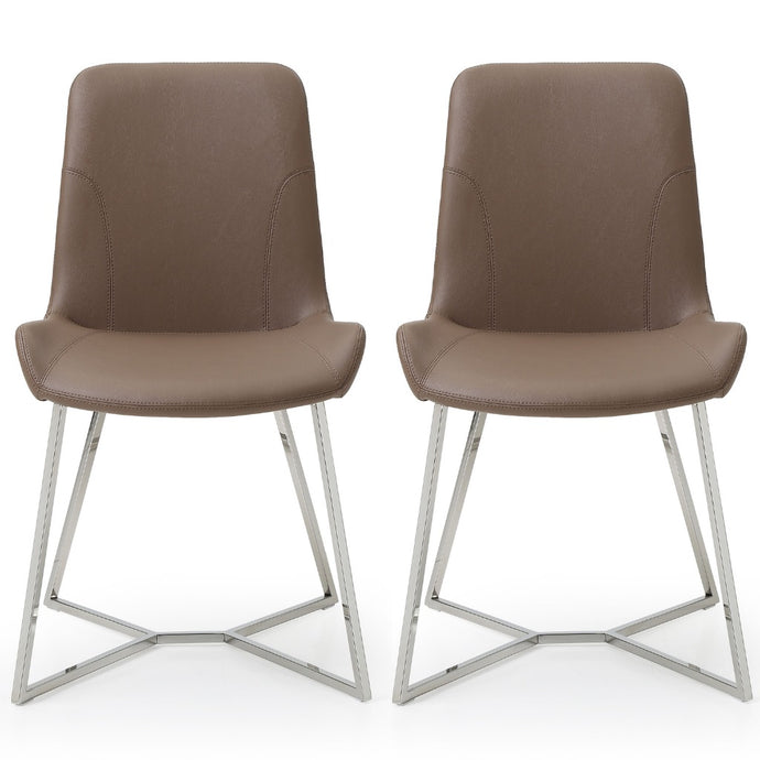 Aileen Dining Chair, Set of 2, Taupe, Faux Leather, Stainless Steel Base, DC1480-TAU Brand: Whiteline Modern Living Size: 24inW x 20inD x 34inH, Seat Height:  18in/ 46cm,  Weight: 14lb, Material: Faux leather & polished stainless steel base Color: Taupe, Legs: Grey, Assembly Required: No, Weather Resistant: No