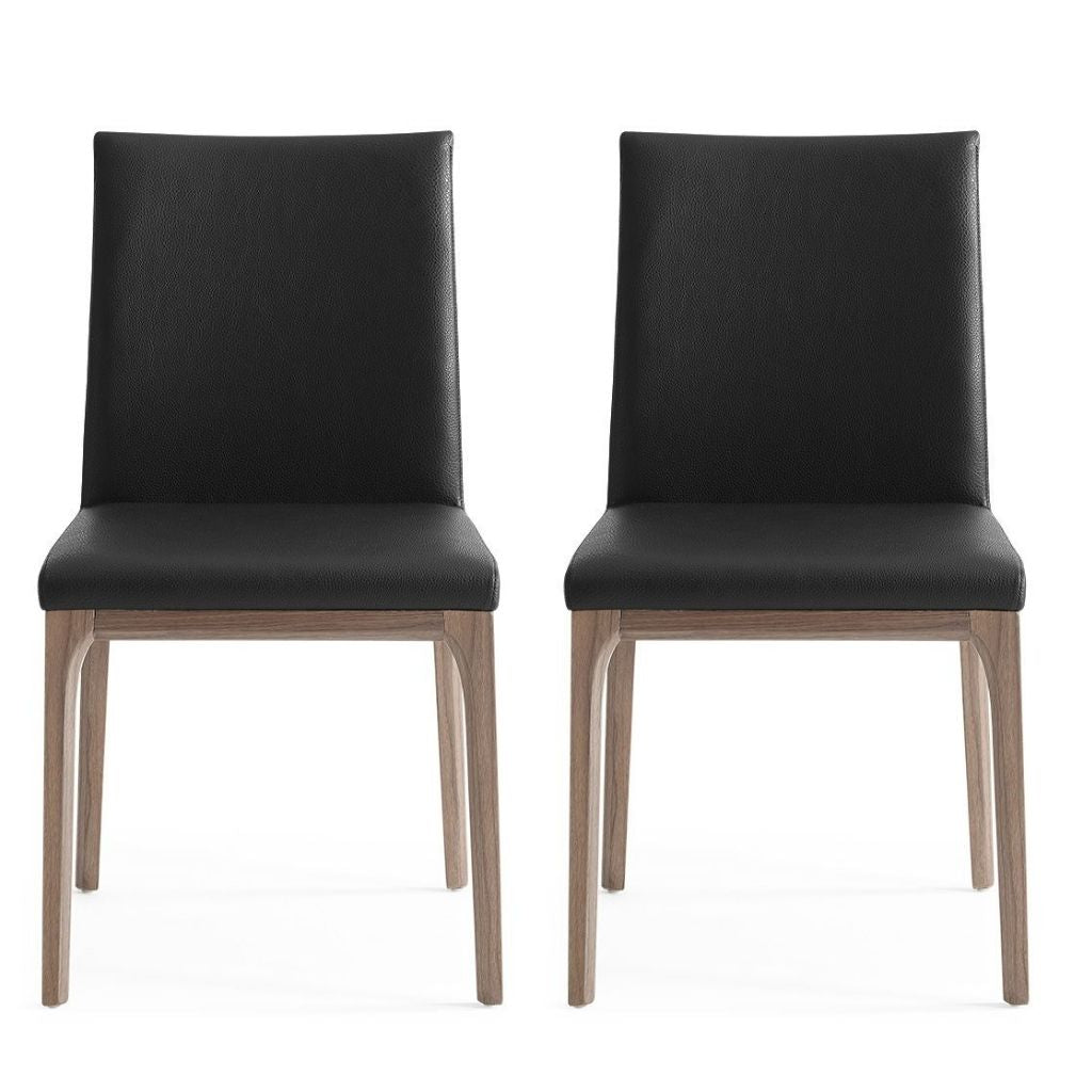 Stella Dining Chair, Set of 2, Black, Faux Leather, Solid Walnut Veneer Base, DC1454-WLT/BLK, Brand: Whiteline Modern Living, Size: 20inW x 23inD x 35inH,  Seat Height:  19in/ 48.25cm, Weight: 17lb, Material: Faux leather & solid walnut wood Color: Black, walnut veneer base, Assembly Required: No, Weather Resistant: No