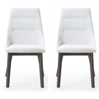 Whiteline Modern Living Siena Dining Chair featuring white faux leather upholstery and solid wood legs.