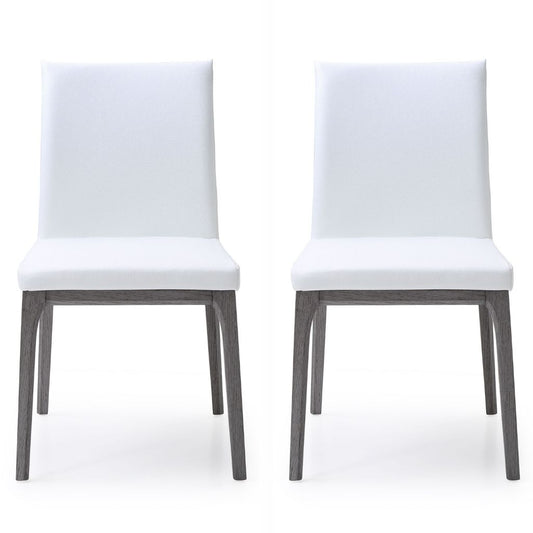 Stella Dining Chair, Set of 2, White & Gray Oak, Faux Leather, Solid Wood Gray Oak Base, DC1454-GRY/WHT, Brand: Whiteline Modern Living Size: 20inW x 23inD x 35inH, Seat Height:  19in/ 48.25cm, Weight: 17lb, Material: Faux leather & solid oak wood, Color: White, gray base, Assembly Required: No, Weather Resistant: No