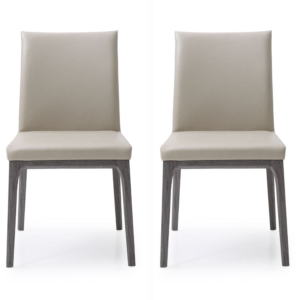 Stella Dining Chair, Set of 2, Taupe & Gray Oak, Faux Leather, Solid Wood Gray Oak Base, DC1454-GRY/TAU, Brand: Whiteline Modern Living, Size: 20inW x 23inD x 35inH Seat Height:  19in/ 48.25cm, Weight: 17lb, Material: Faux leather & solid oak wood Color: Taupe, gray base, Assembly Required: No, Weather Resistant: No