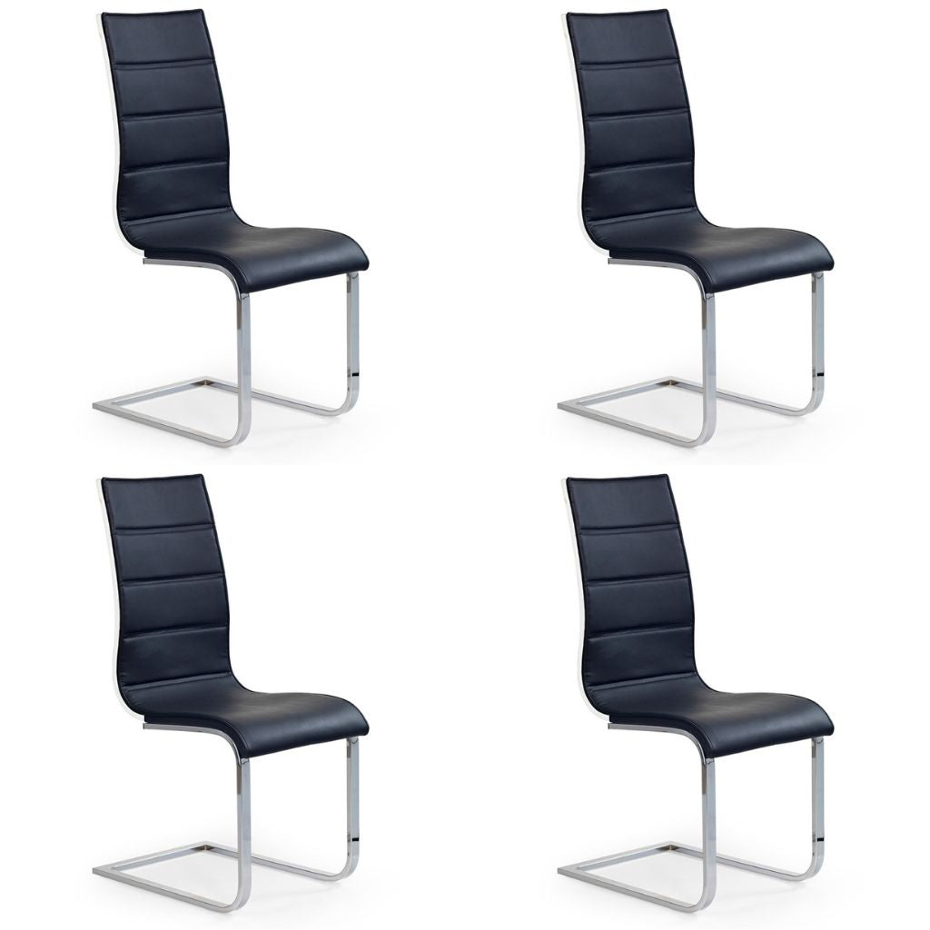 Arina Dining Chair, Set of 4, Black, Faux Leather, Chrome Steel Legs, HALK-104 Brand: Maxima House, Size: 16.5inW x 22inD x 39inH, Seat height: 18.5in/ 47cm, Weight: 21.6lb, Material: Chrome steel legs, Faux leather upholstery, White lacquered plywood back, Color: Black