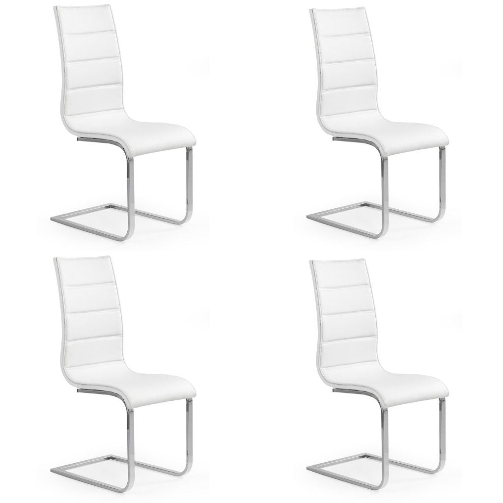 White faux leather dining chairs with chrome steel legs