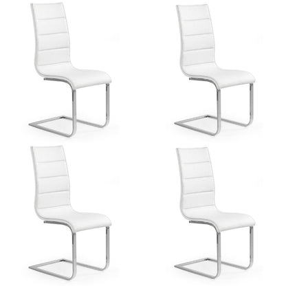 White faux leather dining chairs with chrome steel legs