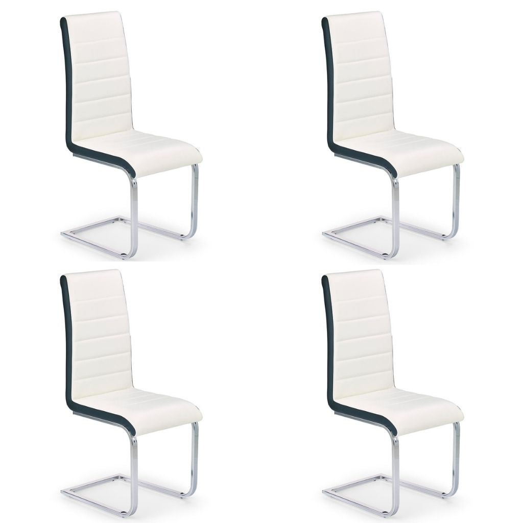 Mira Dining Chair, Set of 4, Black & White, Faux Leather, Chrome Steel Legs, HALK-132 Brand: Maxima House Size: 16.5inW x 22.4inD x 39inH, Weight: 18.3lb,Material: Faux leather & Chrome steel legs, Color: Black & White