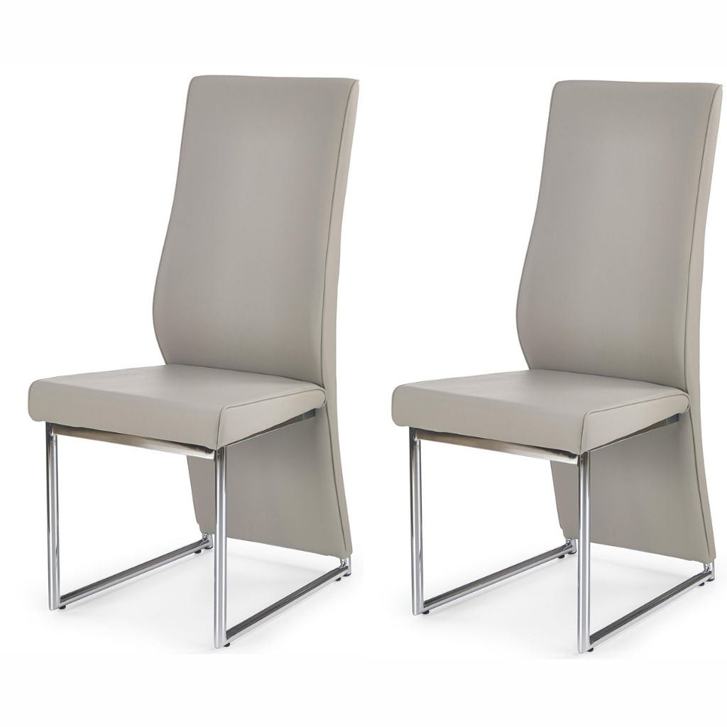 Brea Dining Chairs, Set of 2, Beige, Faux Leather, Chrome Steel Legs, HALK-213 Brand: Maxima House, Size: 17inW x 23.6inD x 39.4inH, Weight: 18.7lb, Material: Chrome steel legs, Faux leather upholstery, Color: Beige