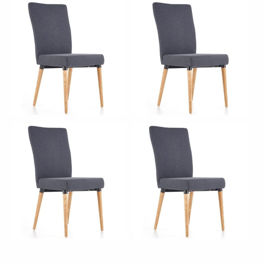 Set of 4 dining chairs with gray fabric upholstery and solid wood legs