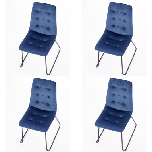 Blue dining chairs with dark blue fabric upholstery and powder-coated steel legs