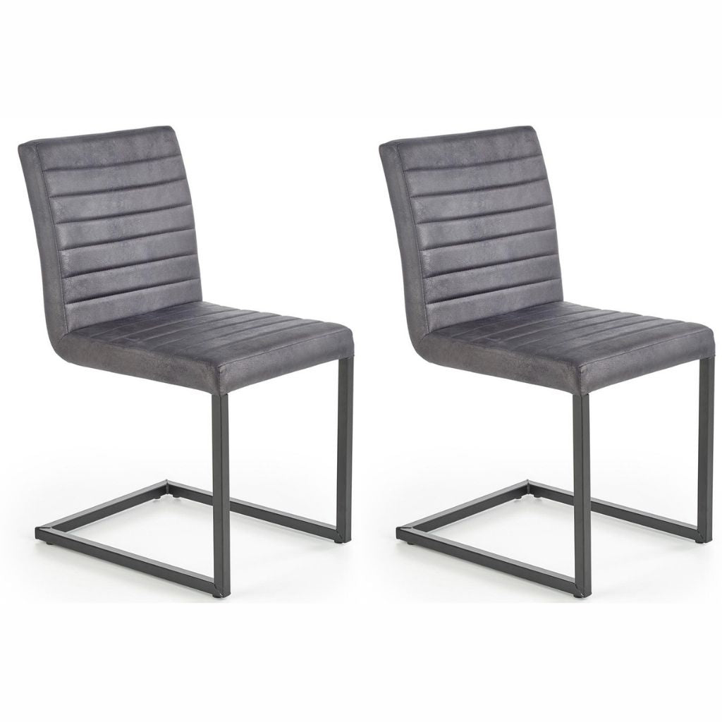 Gray leather dining chairs with powder-coated steel legs