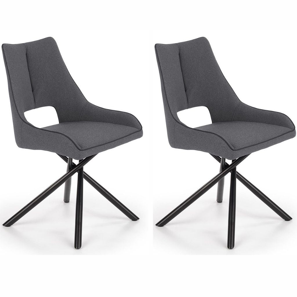 Grey dining chairs with fabric upholstery and powder-coated steel legs