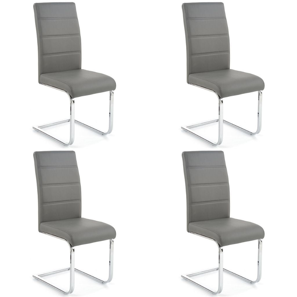 Dana Dining Chair, Set Of 4, Grey, Faux Leather, Chrome Steel Legs, HALK-85G Brand: Maxima House  Size: 16.5inW x 22inD x 39.4inH, Weight: 20.7lb, Material: Faux leather & Chrome steel legs, Color: Gray