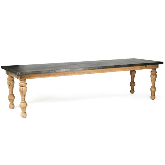Borges | Zinc Top Dining Table, Rectangular, Wooden Base, Oak, HS097 Brand: Zentique, Size: 118inW x 39.25inD x 32inH, Weight:   220lb Shape: Rectangular, Material: Top: Covered with Zinc Oak wood, Base: Oak Wood Seating Capacity: Seats 8-10 people, Color: Top: Dark Gray, Base: Natural Wood
