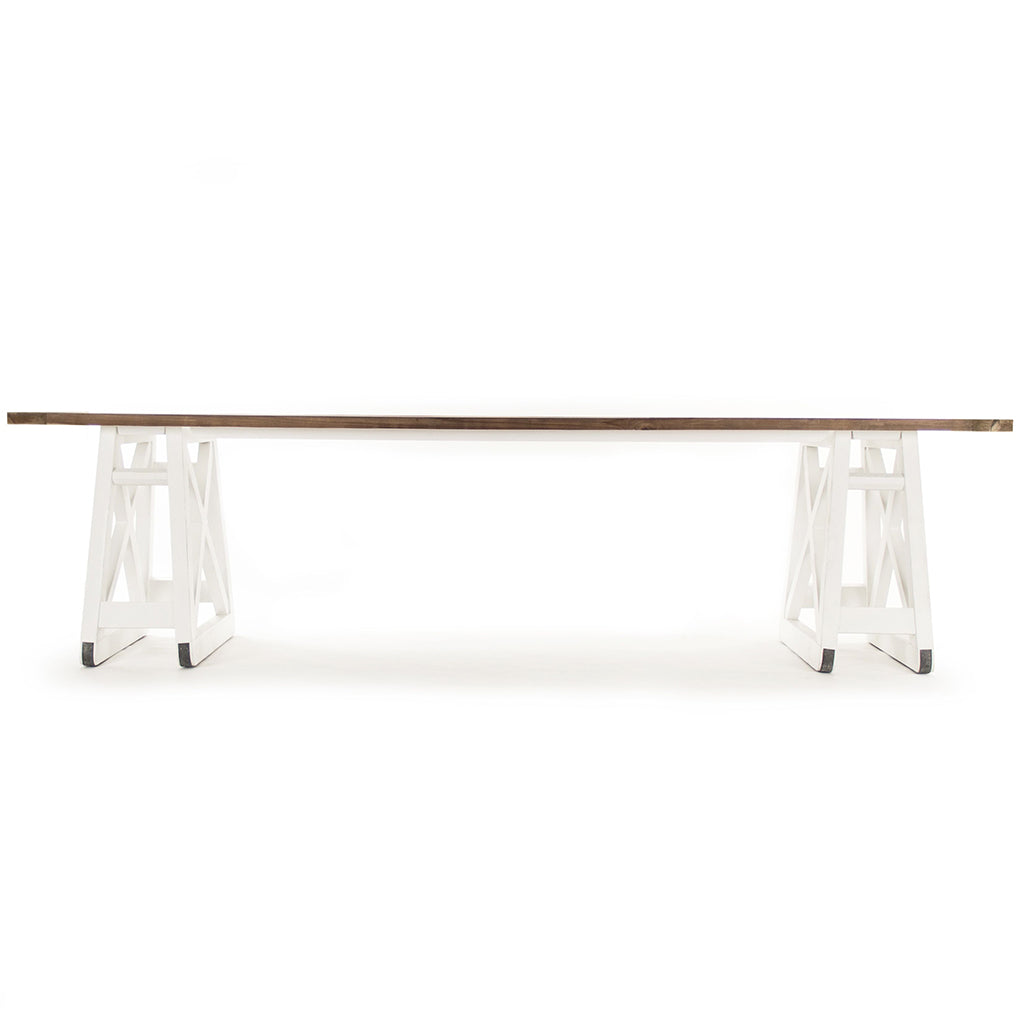 Artur | White Farmhouse Dining Table Seats 8 Rectangular Wood Top, HS113 Brand: Zentique Size: 118inW x 39.5inD x 30.75inH, Weight:   212lb, Shape: Rectangular Material: Top: Pine Wood , Base: Plastic/ Acrylic, Seating Capacity: Seats 6-8 people Color: Top: Natural Pine Wood Color, Base: White