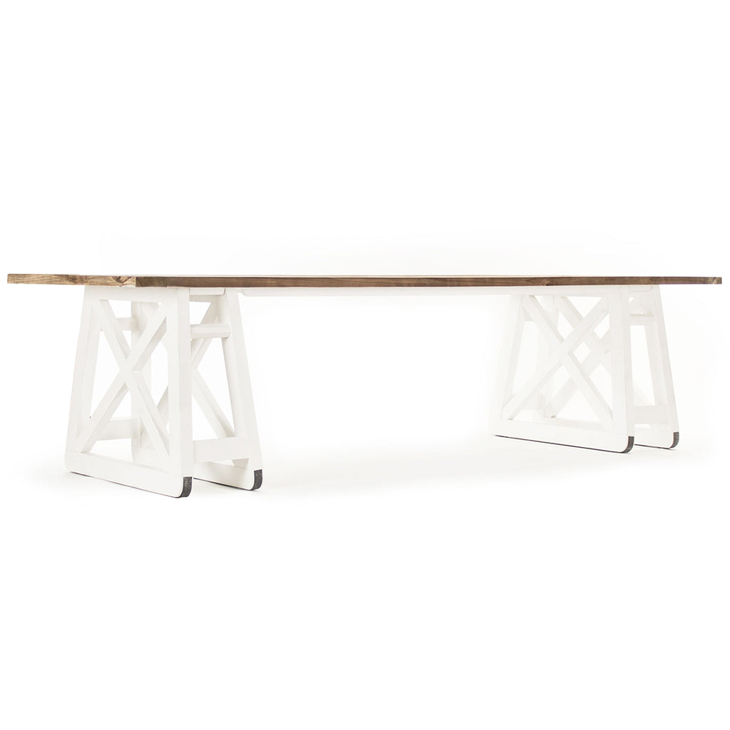 Artur | White Farmhouse Dining Table Seats 8 Rectangular Wood Top, HS113 Brand: Zentique Size: 118inW x 39.5inD x 30.75inH, Weight:   212lb, Shape: Rectangular Material: Top: Pine Wood , Base: Plastic/ Acrylic, Seating Capacity: Seats 6-8 people Color: Top: Natural Pine Wood Color, Base: White