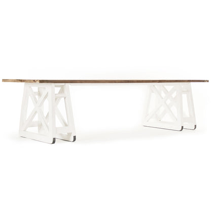 Artur | White Farmhouse Dining Table Seats 8 Rectangular Wood Top, HS113 Brand: Zentique Size: 118inW x 39.5inD x 30.75inH, Weight:   212lb, Shape: Rectangular Material: Top: Pine Wood , Base: Plastic/ Acrylic, Seating Capacity: Seats 6-8 people Color: Top: Natural Pine Wood Color, Base: White