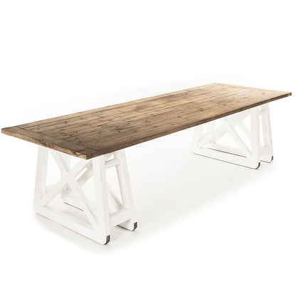 Artur | White Farmhouse Dining Table Seats 8 Rectangular Wood Top, HS113 Brand: Zentique Size: 118inW x 39.5inD x 30.75inH, Weight:   212lb, Shape: Rectangular Material: Top: Pine Wood , Base: Plastic/ Acrylic, Seating Capacity: Seats 6-8 people Color: Top: Natural Pine Wood Color, Base: White