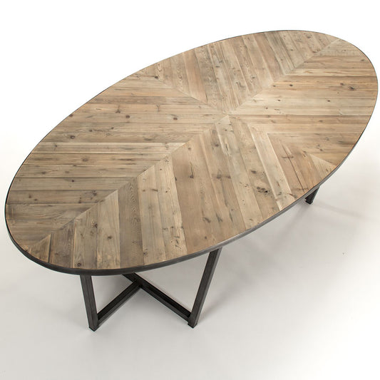 Herringbone Style | Modern Oval Dining Table For 8, Pine Wood, Contemporary Look, HS135, Brand: Zentique, Size: 98.25inW x 30.75inD x 47.25inH Weight: 120lb, Shape: Ovall, Material: Top: Pine Wood, Base: Metal Seating Capacity: Seats 6-8 people, Color: Top: Brown, Base: Grey