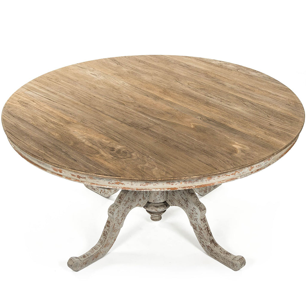 Provence | Solid Round Dining Table For 4, Elm & Plywood, LI-S8-25-01 	 Brand: Zentique, Size: 62inWx 62inD x 31inH, Weight: 160lb Shape: Round, Material: Elm & Plywood, Seating Capacity: Seats 4-6 people Color: Top: Light Wood Color, Base: Distressed White