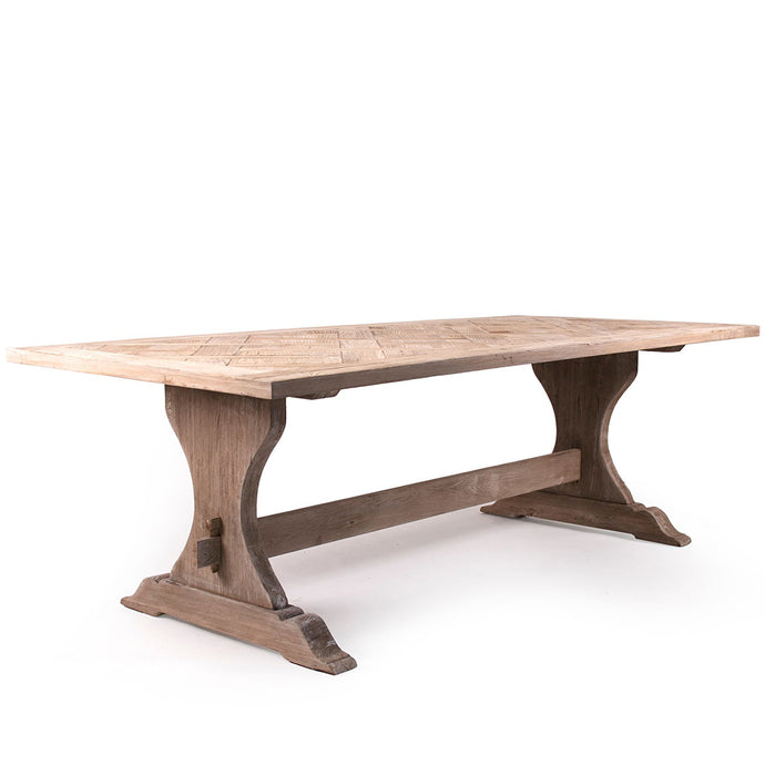 Gent | Trestle Table With Herringbone Pattern Design, Wooden, 8 Seater Elm, Pine, & Plywood, LI-SH9-25-21, Brand: Zentique, Size: 95inW x 43.5inD x 30.5inH Weight:   150lb, Shape: Rectangular, Material: Elm, Pine, & Plywood Seating Capacity: Seats 6-8 people, Color: Natural Wood Table