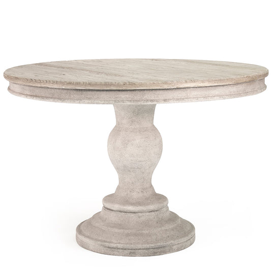 Philadelphia | Round Grey Wood Dining Table, Pedestal Base, Space Save, LI-SH9-25-27 Brand: Zentique, Size: 43inW x 43inD x 29.5inH,  Weight: 100lb, Shape: Round, Material: Elm, Poplar, & Plywood,  Seating Capacity: Seats 2-4 people, Color: Top: Light Brown, Base: Gray