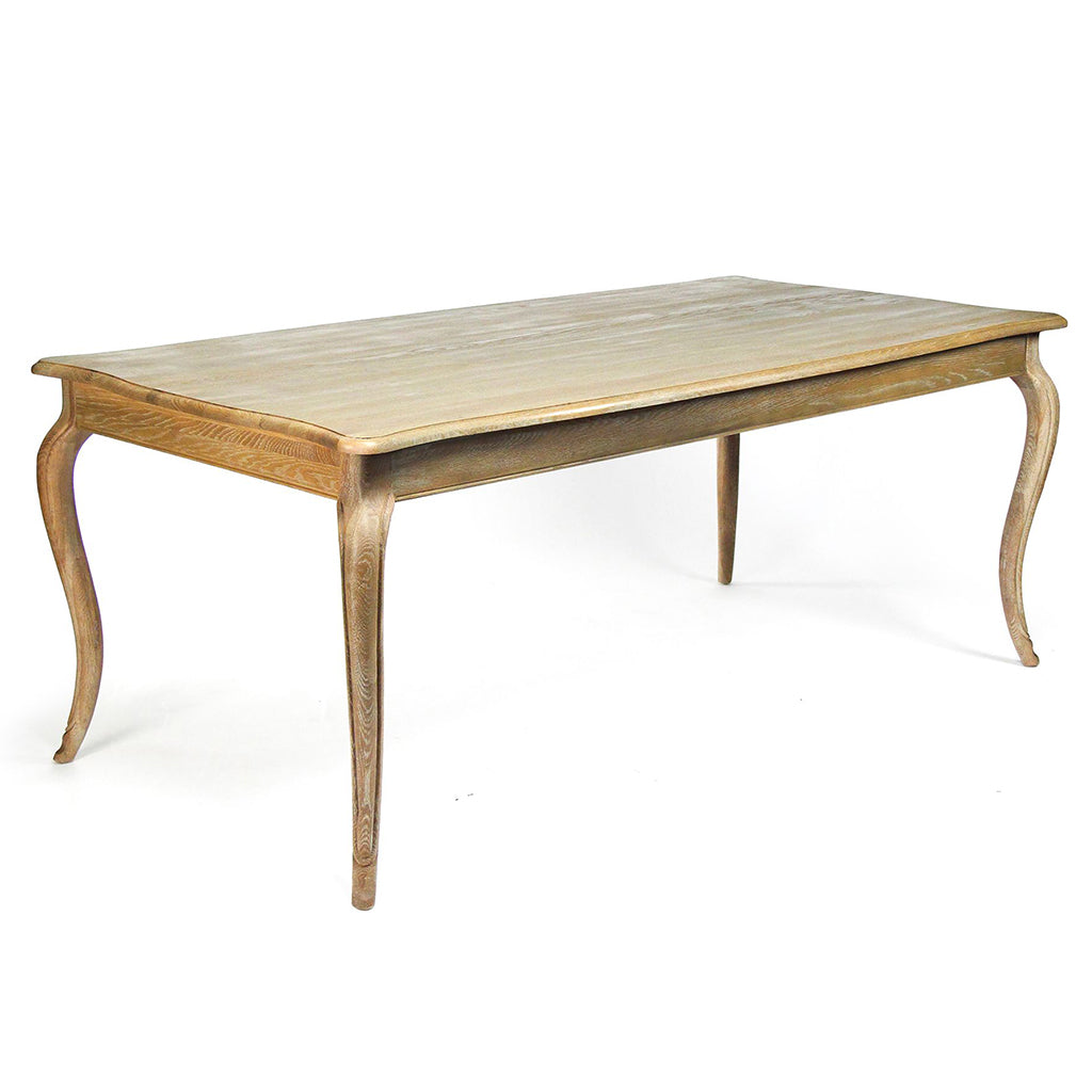 Vineyard | Natural Wood French Style Table, Rectangular, Oak T015 E272 Brand: Zentique, Size: 79inW x 40inD x 31.5inH; Weight: 127lb Shape: Rectangular; Material: Limed Grey Oak Seating Capacity: Seats 6-8 people; Color: Natural Wood Grain Color Variation