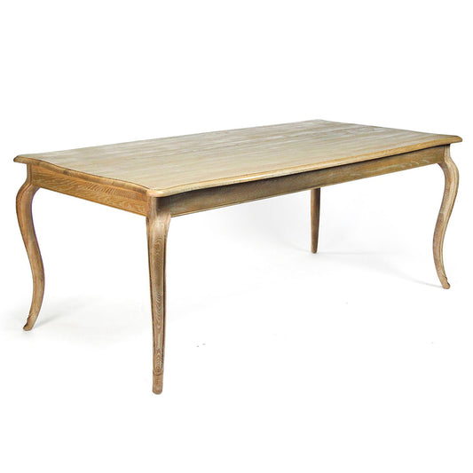 Vineyard | Natural Wood French Style Table, Rectangular, Oak T015 E272 Brand: Zentique, Size: 79inW x 40inD x 31.5inH; Weight: 127lb Shape: Rectangular; Material: Limed Grey Oak Seating Capacity: Seats 6-8 people; Color: Natural Wood Grain Color Variation