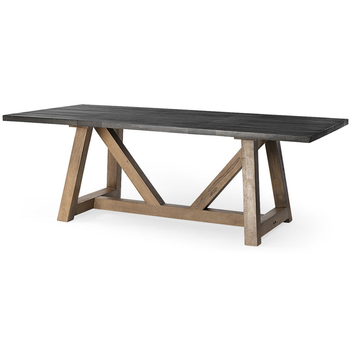 Two- Tone Mango Wood Modern Dining Table, Solid Pattern Table, 380471 Brand: Homeroots, Size: 84inW x  42inD x  29.5inH, Weight: 240lb, Shape: Rectangular, Material: Solid Mango Wood, Seating Capacity: Seats 4-6 people, Color: Top: Dark Brown, Base: Brown / Wood Color