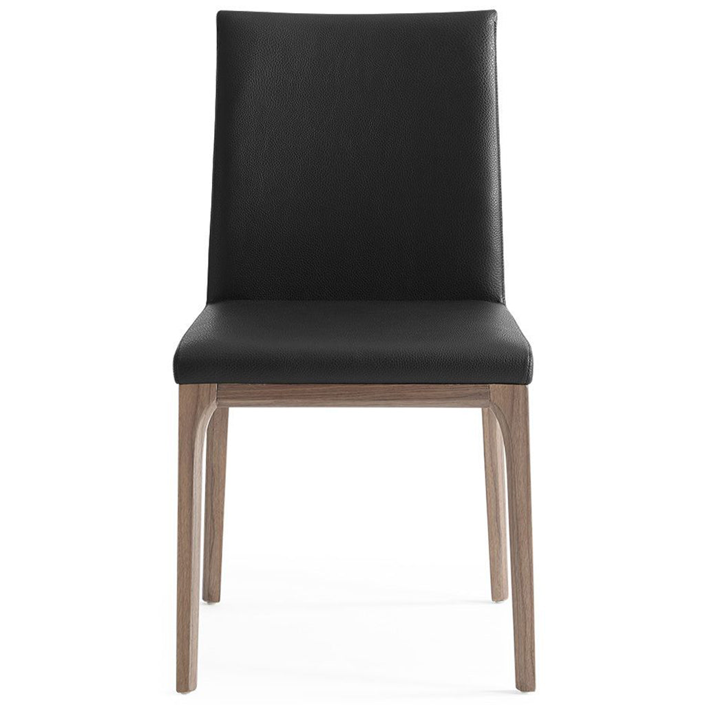 Stella Dining Chair, Set of 2, Black, Faux Leather, Solid Walnut Veneer Base, DC1454-WLT/BLK, Brand: Whiteline Modern Living, Size: 20inW x 23inD x 35inH,  Seat Height:  19in/ 48.25cm, Weight: 17lb, Material: Faux leather & solid walnut wood Color: Black, walnut veneer base, Assembly Required: No, Weather Resistant: No