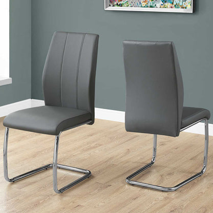 Set of 2 Dining Chairs, Gray Faux Leather, Chrome Frame, 332603