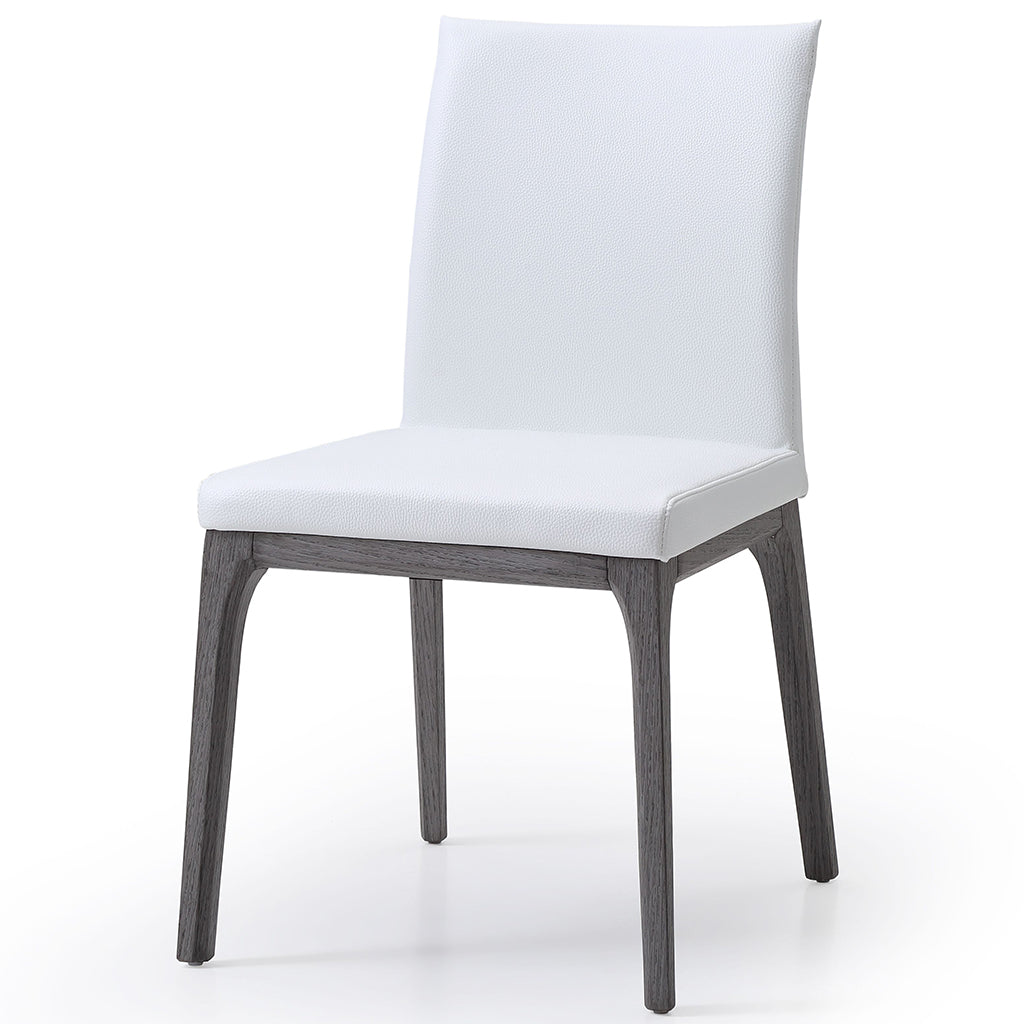 Stella Dining Chair, Set of 2, White & Gray Oak, Faux Leather, Solid Wood Gray Oak Base, DC1454-GRY/WHT, Brand: Whiteline Modern Living Size: 20inW x 23inD x 35inH, Seat Height:  19in/ 48.25cm, Weight: 17lb, Material: Faux leather & solid oak wood, Color: White, gray base, Assembly Required: No, Weather Resistant: No