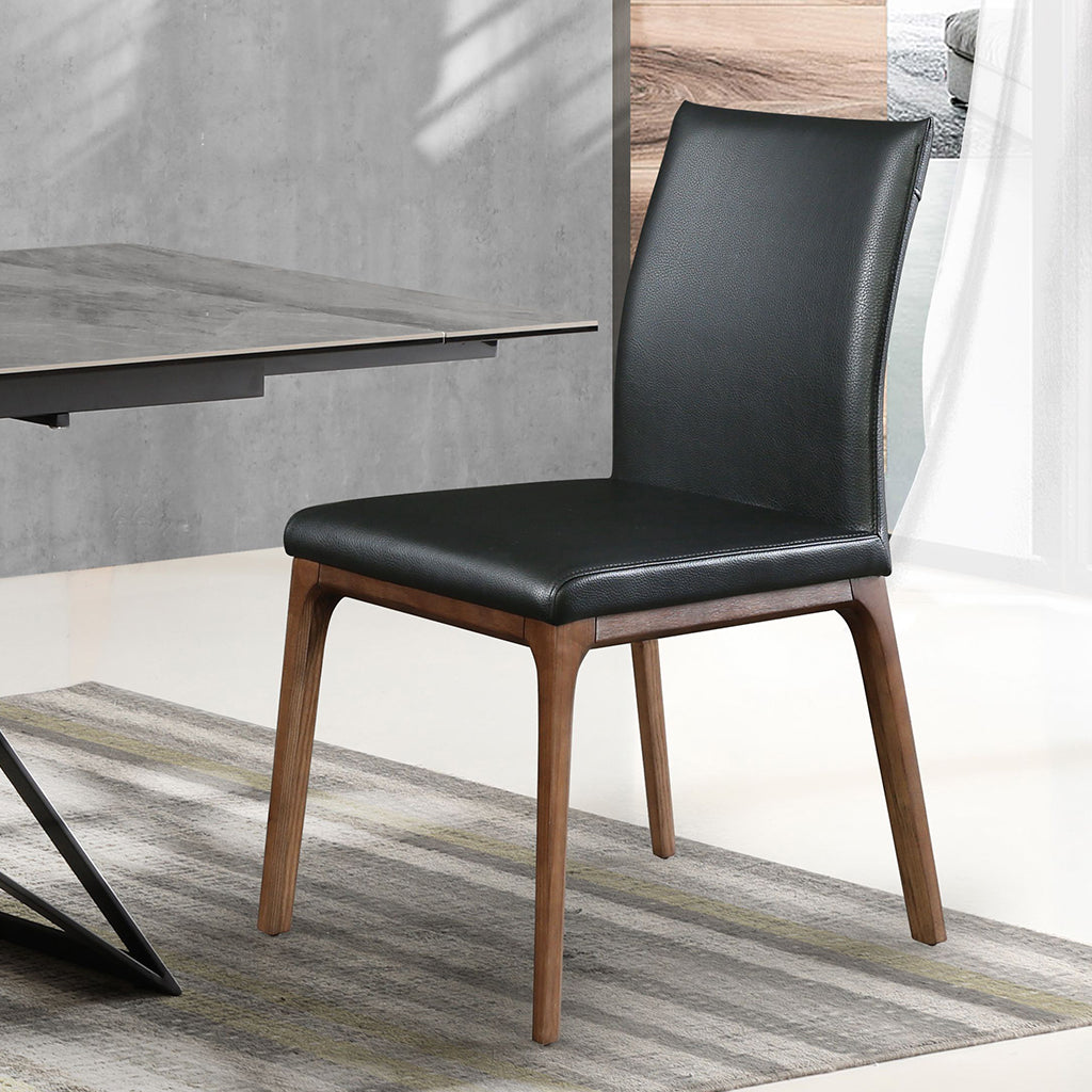 Stella Dining Chair, Set of 2, Black, Faux Leather, Solid Walnut Veneer Base, DC1454-WLT/BLK, Brand: Whiteline Modern Living, Size: 20inW x 23inD x 35inH,  Seat Height:  19in/ 48.25cm, Weight: 17lb, Material: Faux leather & solid walnut wood Color: Black, walnut veneer base, Assembly Required: No, Weather Resistant: No