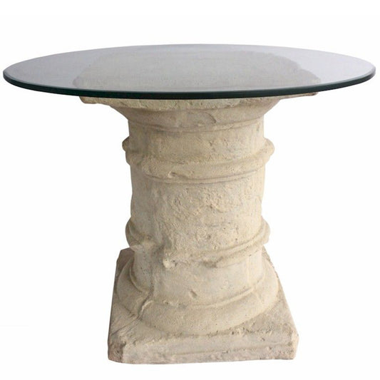 Etruscan Small Table, Entry Round Table, Limestone Base, Glass Top, TB-G2029-36 Brand: Anderson Teak, Size: 36inW x 36inD x 29.5inH, 20.5inW x 20.5inD (Base), Weight: 130lb, Shape: Round