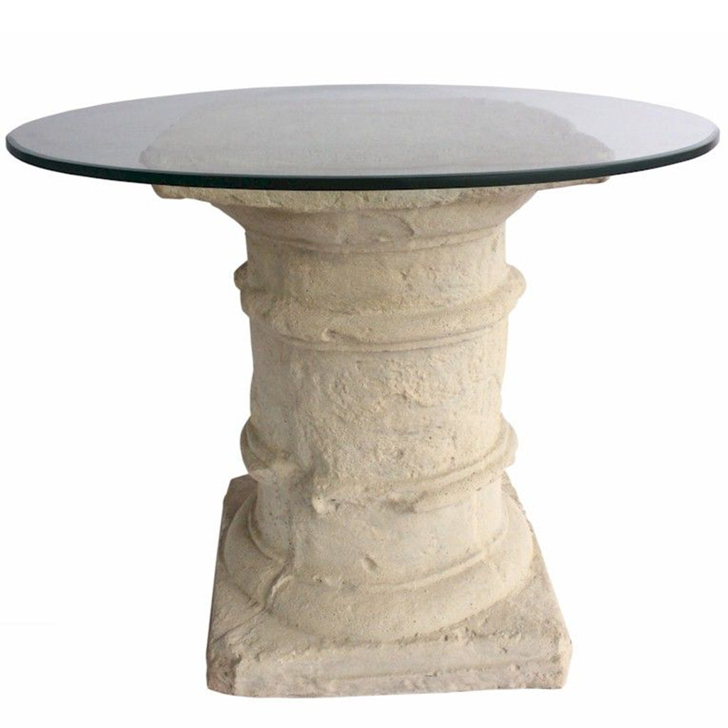 Etruscan Small Table, Entry Round Table, Limestone Base, Glass Top, TB-G2029-36 Brand: Anderson Teak, Size: 36inW x 36inD x 29.5inH, 20.5inW x 20.5inD (Base), Weight: 130lb, Shape: Round 