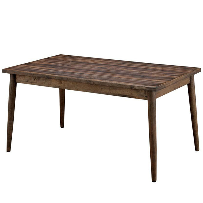 Benzara Eindride Mid Century Table, Rectangular, Solid Wood, Brown, BM123387 Size: 59inW x 35.5inD x 30.88inH; Weight: 70.6lb; Shape: Rectangular Material: Solid Wood, Wood Veneer; Seating Capacity: Seats 4-6 people; Color: Brown