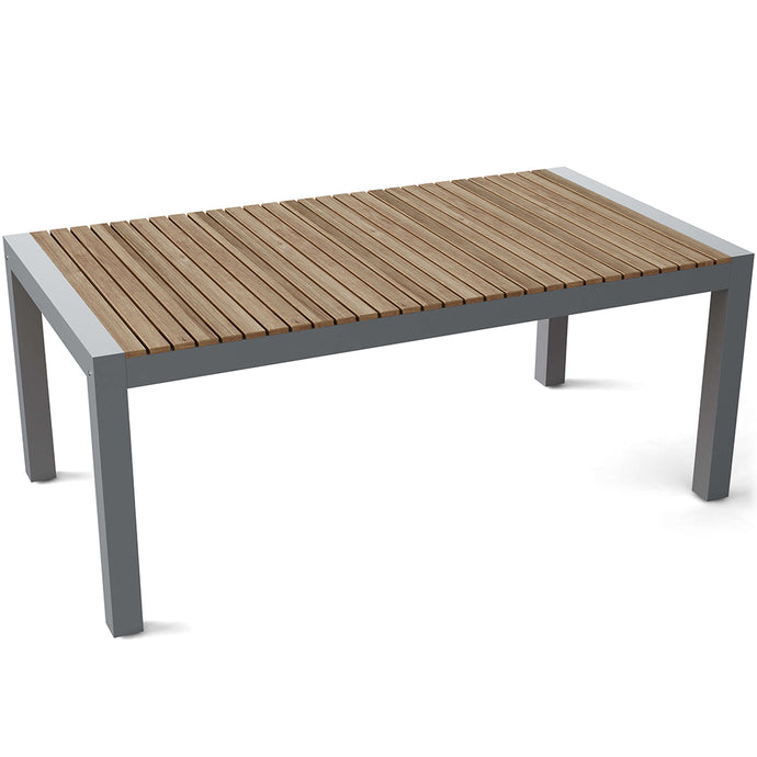 Wood Aluminum Table, Rectangular, Teak Wood, Aluminum Frame Brand: Anderson Teak Size: 73inW x 39inD x 30inH; Weight: 70lb; Shape: Rectangular Material: Teak Wood with Aluminum metal dry powder-coated frames Seating Capacity: Seats 4-6 people; Color: Neutral teak color; light wood TB-7339DT