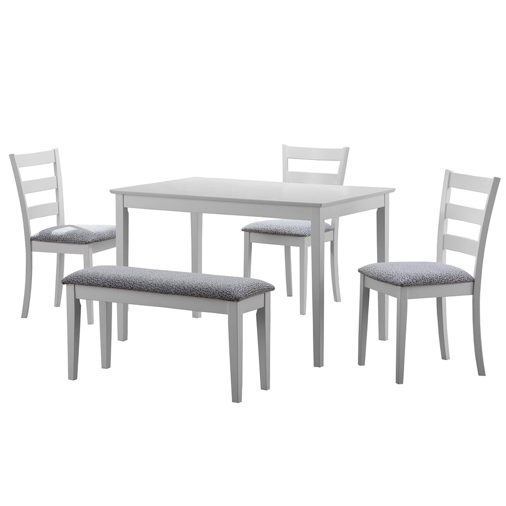 Dining Set With Bench And Chairs, Rectangular Table, White & Gray, 332634 Brand: Homeroots, Table Size: 47.50inW x 29.50inD x 30inH, Chair Size: 17inW x 17.5inD x 34.5inH, Seat Height: 17in, Bench Size: 36.5inW x 12.25inD x 19inH, Seat Height: 17in, Table Shape: Rectangular, Material: MDF & Solid Wood, Seating Capacity: Seats 4, Color: White & Gray
