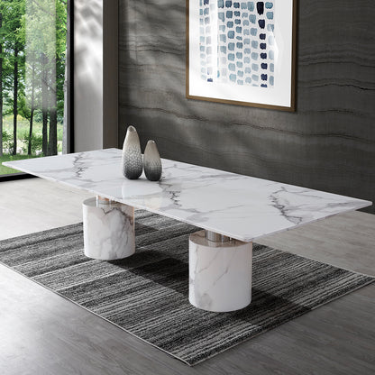 White Marble Table, Rectangular, White Marble Glossy Top, Steel Legs Brand: Whiteline Modern Living Size: 120inW x 48inD x 30inH; Weight: 982lb; Shape: Rectangular Material: Top: White Marble; Base: Marble with Polished Stainless Steel Legs Seating Capacity: Seats 6-8 people; Color: White, DT1640-WHT