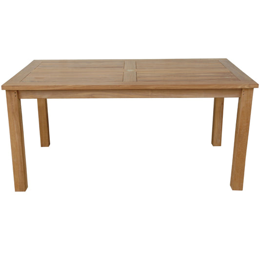 Outdoor Dining Table, Rectangular, Teak Wood, TB-6336DT Brand: Anderson Teak; Size: 63inW x 36inD x 30inH Weight: 75lb; Shape: Rectangular; Material: Teak Wood Seating Capacity: Seats 4-6 people ; Color: Neutral teak color; light wood