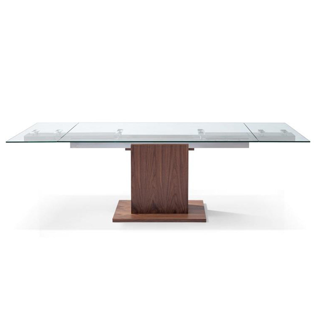 Whiteline Modern Living Pilastro | Extendable Glass Dining Table, Rectangular, 8 seater, 1/2" Tempered Clear Glass Top, Stainless Steel Frame, Walnut Veneer Base, DT1275-WLT Size: 63inW x 35inD x 30inH Extended: 95inW x 35inD x 30inH; Weight: 255lb; Shape: Rectangular Material: Top: 1/2" Tempered Clear Glass; Frame: Stainless Steel; Base: Walnut veneer  Seating Capacity: Seats 6-8 people; Color: Walnut Veneer Color