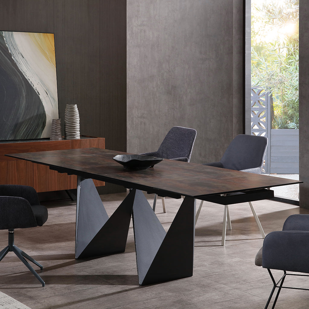 Jack | Luxury Dining Room Table, Matte Black Dining Table, DT1635E-BLK Extendable elegant matte black dining table. Free shipping from warehouse in USA. Brand: Whiteline Modern Living Size: 71/102inW x 35inD x 30inH; Weight: 301lb; Shape: Rectangular Material: Top: Glass & Ceramic; Base: Matte Black Powder Coated Metal Seating Capacity: Seats 6-8 people; Color: Matte Black