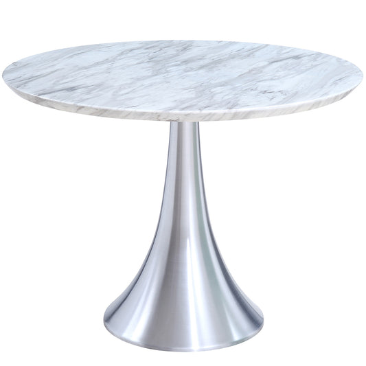 Marble Round Table, Marble Top, Stainless Steel Base, For 2-4 peoples Brand: Whiteline Modern Living; Size: 43inD x 30inH; Weight: 180lb Shape: Round; Material: Top: Artificial Jazz White Marble; Base: Stainless Steel Seating Capacity: Seats 2-4 people; Color: White Marble Top, Stainless Steel Base, DT1469-WHT