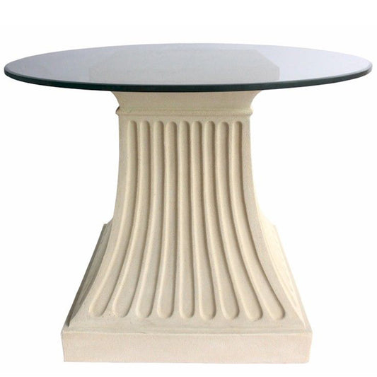 Fluted Glass Top Entry Table Round, Stone Base, TB-G2428-36 Brand: Anderson Teak, Size: 36inW x 36inD x 29.5inH, 24inW x 24inD (Base), Weight: 145lb, Shape: Round, Material: Base: Limestone, Top: 3/8" thick glass