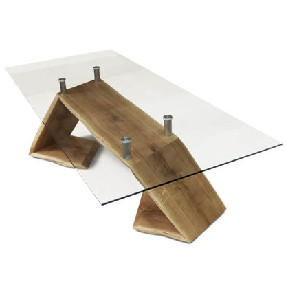 Maxima House Zorg Dining Table with tempered glass top and oak wood base.