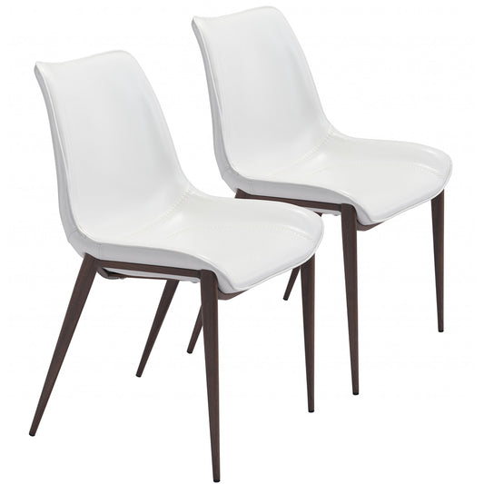 Set of 2 Dining Chairs, White Faux Leather Seat, Brown Stainless Steel Legs